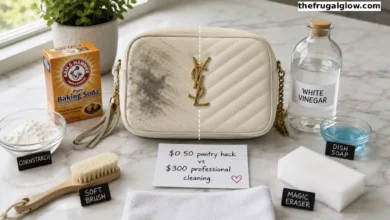 A beautiful cream leather bag next to a bowl of cornstarch, a box of baking soda, a bottle of white vinegar, and a magic eraser. A split image shows the bag with a dark stain and then the bag clean.