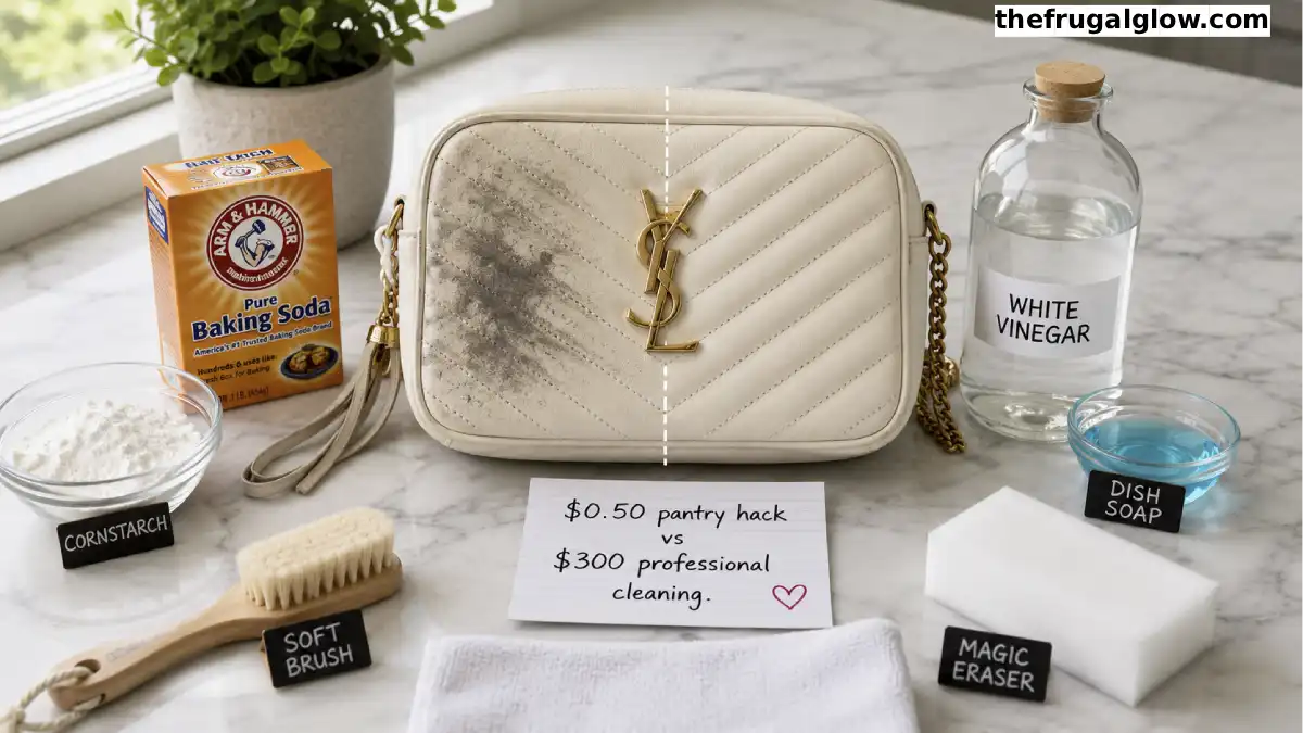 A beautiful cream leather bag next to a bowl of cornstarch, a box of baking soda, a bottle of white vinegar, and a magic eraser. A split image shows the bag with a dark stain and then the bag clean.