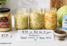 A split image: a $10 jar of store-bought sauerkraut on the left and three homemade jars of sauerkraut on the right. A handwritten sign shows "$10 vs $2 for 3 jars." A cabbage and sea salt are next to the homemade jars.