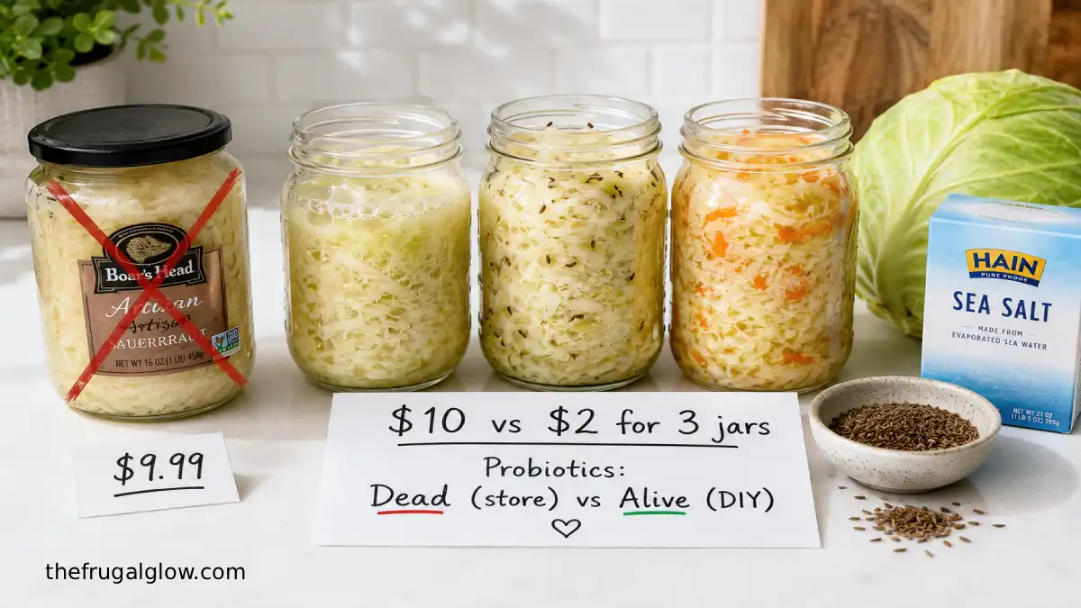 A split image: a $10 jar of store-bought sauerkraut on the left and three homemade jars of sauerkraut on the right. A handwritten sign shows "$10 vs $2 for 3 jars." A cabbage and sea salt are next to the homemade jars.
