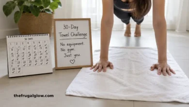 A white bath towel laid out on a floor next to a pair of hands. In the background, a person is doing a plank with their hands on the towel. A 30-day calendar is in the corner.