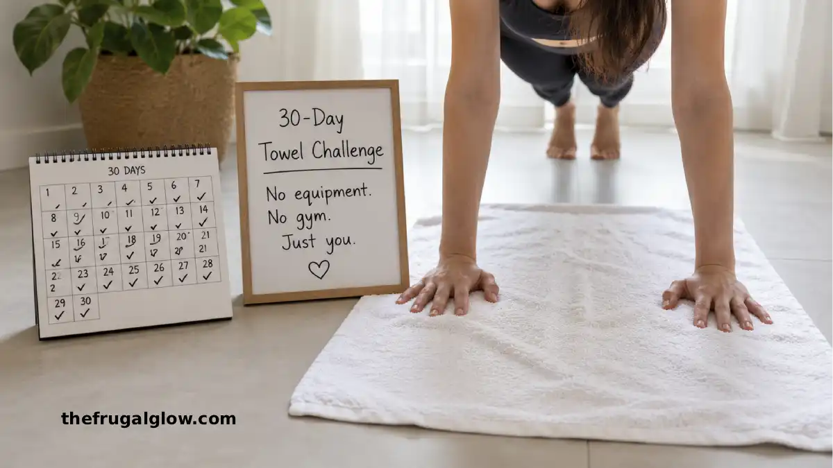 A white bath towel laid out on a floor next to a pair of hands. In the background, a person is doing a plank with their hands on the towel. A 30-day calendar is in the corner.
