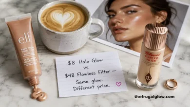 The e.l.f. Halo Glow Liquid Filter in shade Light Medium next to a latte coffee. A split image shows glowy skin on one side and flat skin on the other. A sign says "$8 vs $48 – Same glow."