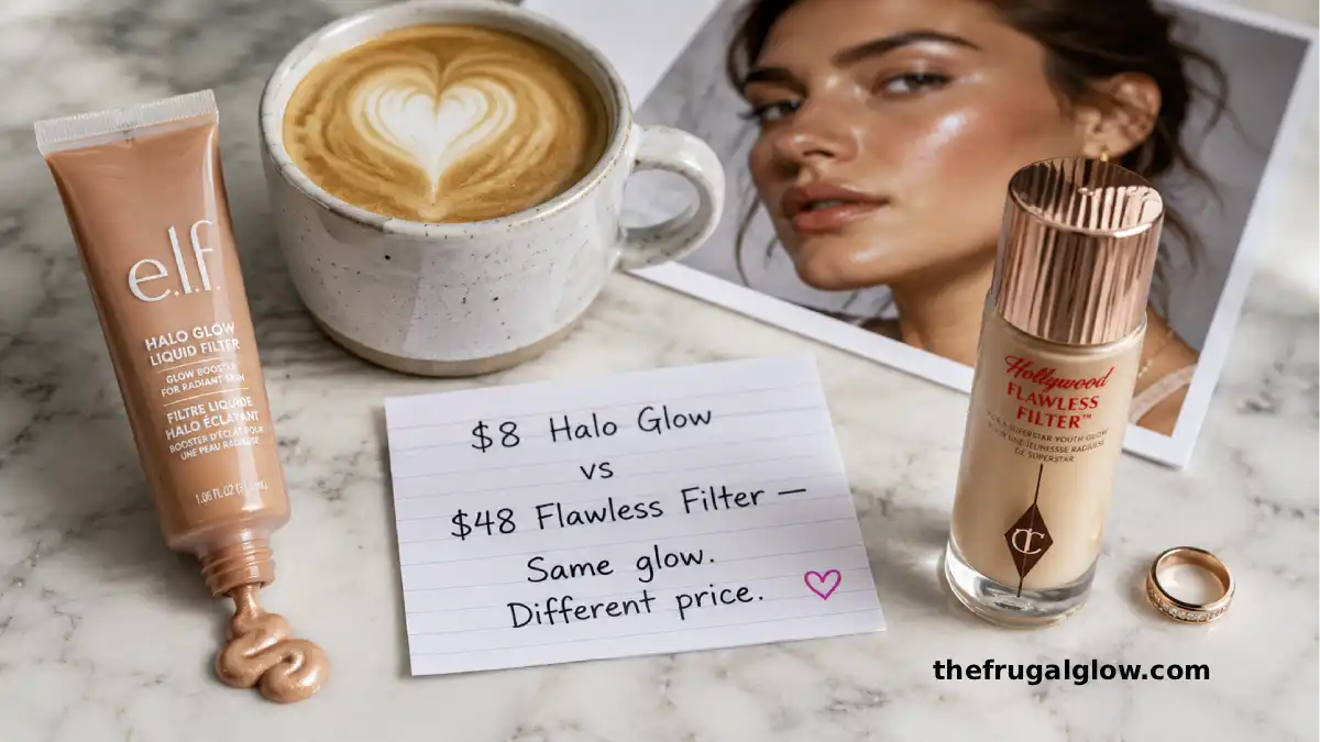 The e.l.f. Halo Glow Liquid Filter in shade Light Medium next to a latte coffee. A split image shows glowy skin on one side and flat skin on the other. A sign says "$8 vs $48 – Same glow."