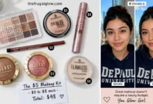 A flat-lay of drugstore makeup products: Wet n Wild eyeshadow palette, Essence highlighter, Maybelline mascara, NYX lip liner, and Milani bronzer. Next to it, a before-and-after photo of a woman with professional-looking makeup.