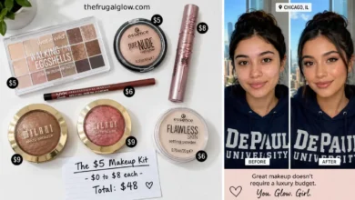 A flat-lay of drugstore makeup products: Wet n Wild eyeshadow palette, Essence highlighter, Maybelline mascara, NYX lip liner, and Milani bronzer. Next to it, a before-and-after photo of a woman with professional-looking makeup.