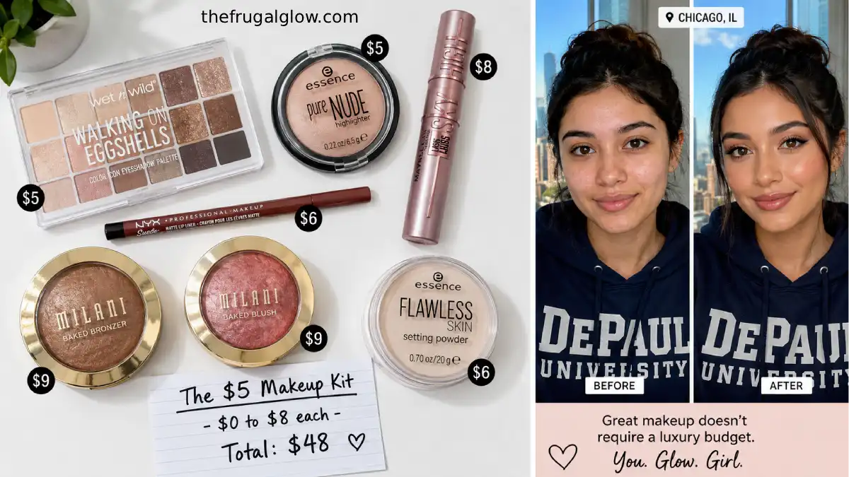 A flat-lay of drugstore makeup products: Wet n Wild eyeshadow palette, Essence highlighter, Maybelline mascara, NYX lip liner, and Milani bronzer. Next to it, a before-and-after photo of a woman with professional-looking makeup.