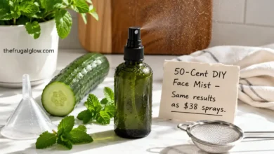 A glass spray bottle filled with green cucumber mint mist, next to a fresh cucumber, mint leaves, and a spray of mist in the air. A small sign says "50 cents vs $38 – Same refreshment."