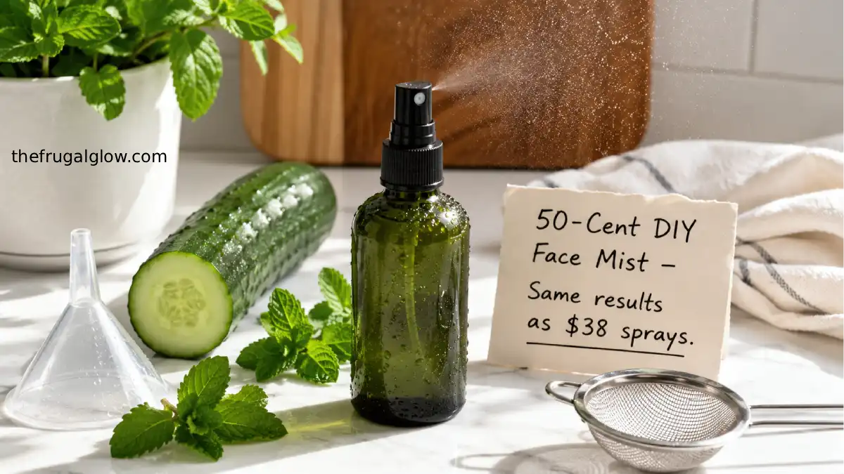A glass spray bottle filled with green cucumber mint mist, next to a fresh cucumber, mint leaves, and a spray of mist in the air. A small sign says "50 cents vs $38 – Same refreshment."