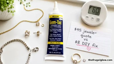 A tube of Beacon Gem-Tac jewelry glue next to a broken necklace, a pair of earrings with a separated post, and a bracelet with a loose clasp. A clock shows 60 seconds.
