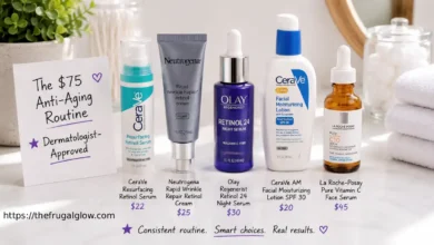 Five affordable anti-aging products arranged on a white surface: CeraVe Resurfacing Retinol Serum, Neutrogena Rapid Wrinkle Repair Cream, Olay Regenerist Night Serum, CeraVe AM Moisturizer with SPF, and La Roche-Posay Vitamin C Serum. A small sign says "The $75 Anti-Aging Routine."