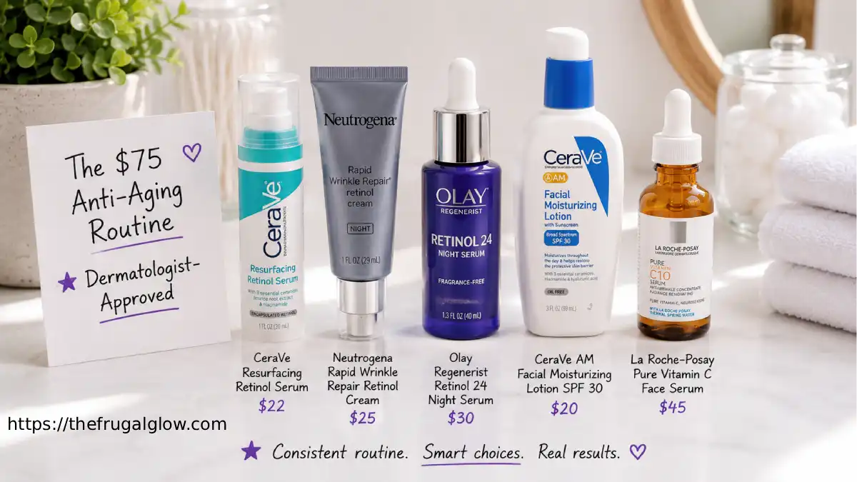 Five affordable anti-aging products arranged on a white surface: CeraVe Resurfacing Retinol Serum, Neutrogena Rapid Wrinkle Repair Cream, Olay Regenerist Night Serum, CeraVe AM Moisturizer with SPF, and La Roche-Posay Vitamin C Serum. A small sign says "The $75 Anti-Aging Routine."