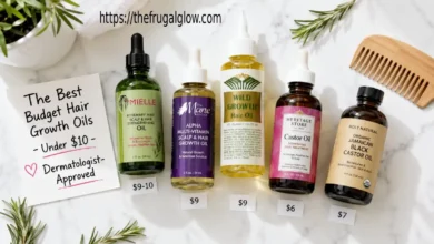 Five budget hair growth oils arranged on a white surface: Mielle Organics Rosemary Mint Oil, The Mane Choice Alpha Multi-Vitamin Oil, Wild Growth Hair Oil, Heritage Store Castor Oil, and Holy Natural Jamaican Black Castor Oil. Price tags show $6-10 each.