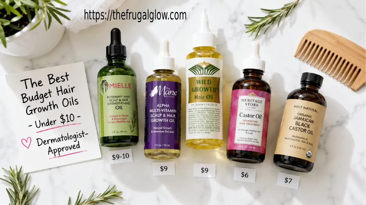 Five budget hair growth oils arranged on a white surface: Mielle Organics Rosemary Mint Oil, The Mane Choice Alpha Multi-Vitamin Oil, Wild Growth Hair Oil, Heritage Store Castor Oil, and Holy Natural Jamaican Black Castor Oil. Price tags show $6-10 each.