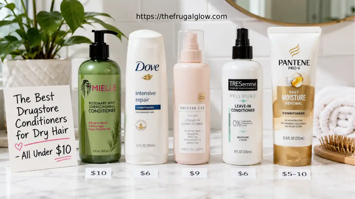 Five drugstore conditioners for dry hair arranged on a white surface: Mielle Organics Rosemary Mint, Dove Intensive Repair, Kristin Ess Leave-In, Tresemmé Pro Pure, and Pantene Daily Moisture Renewal. Price tags show $5-10 each.