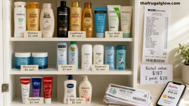A well-stocked beauty cabinet with shampoo, conditioner, face wash, moisturizer, sunscreen, deodorant, and toothpaste. Price tags show $0-5 each. A receipt shows a total of $28.