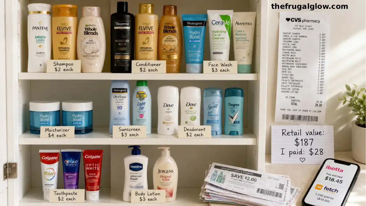 A well-stocked beauty cabinet with shampoo, conditioner, face wash, moisturizer, sunscreen, deodorant, and toothpaste. Price tags show $0-5 each. A receipt shows a total of $28.