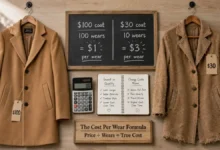 A $100 wool coat hanging next to a $30 fast-fashion coat. The wool coat looks classic and high-quality. The fast-fashion coat is pilling and frayed. A calculator shows the cost per wear comparison.