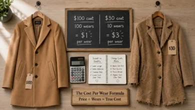 A $100 wool coat hanging next to a $30 fast-fashion coat. The wool coat looks classic and high-quality. The fast-fashion coat is pilling and frayed. A calculator shows the cost per wear comparison.