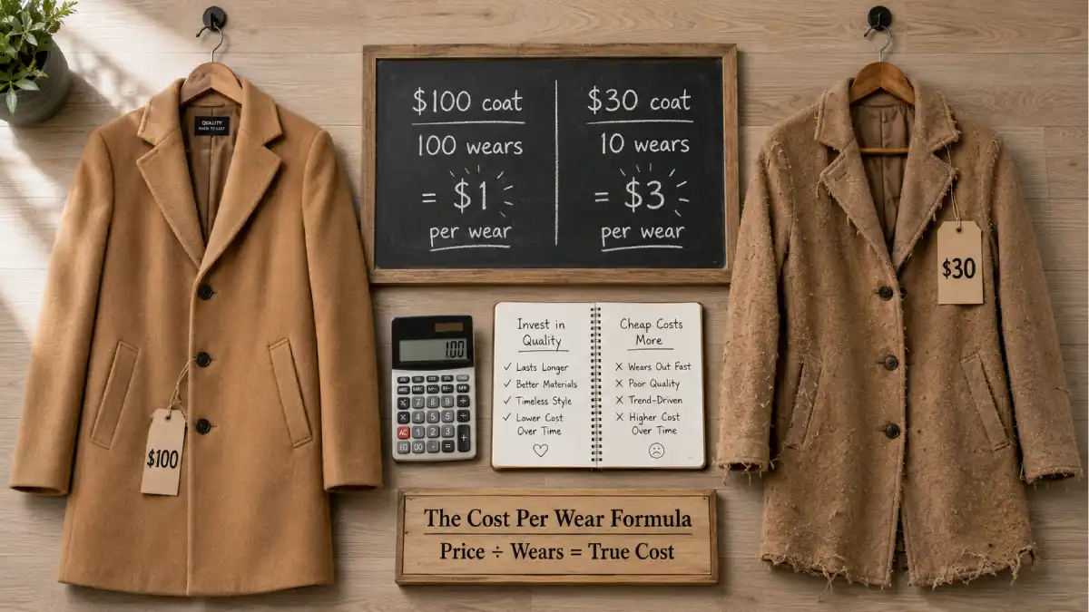 A $100 wool coat hanging next to a $30 fast-fashion coat. The wool coat looks classic and high-quality. The fast-fashion coat is pilling and frayed. A calculator shows the cost per wear comparison.