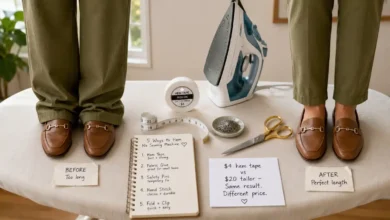 A roll of hem tape, an iron, a pair of scissors, and a measuring tape arranged on an ironing board. Next to them, a pair of pants being folded and ironed. A "before" photo shows pants too long; "after" shows perfectly hemmed.
