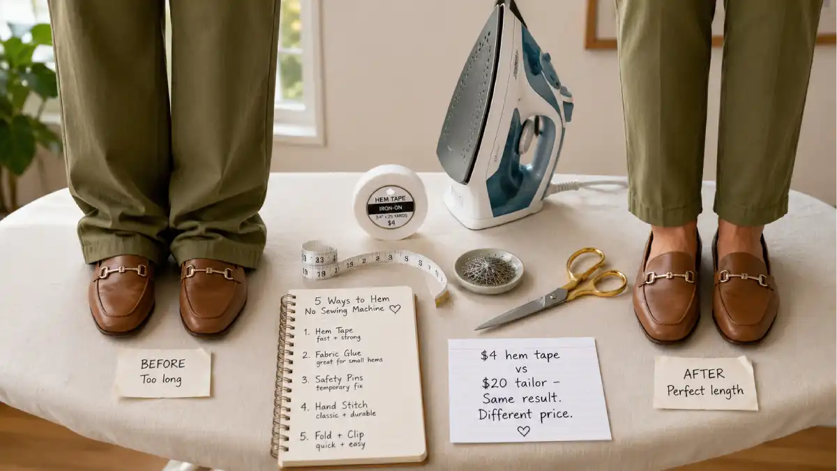A roll of hem tape, an iron, a pair of scissors, and a measuring tape arranged on an ironing board. Next to them, a pair of pants being folded and ironed. A "before" photo shows pants too long; "after" shows perfectly hemmed.