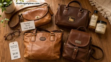 A collection of vintage leather handbags from thrift stores: a tan Coach crossbody, a brown Dooney & Bourke satchel, a Fossil tote, and a Brighton backpack. A price tag shows "$9.99" on one bag.