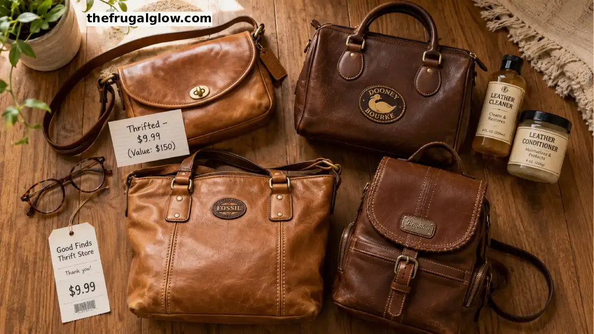 A collection of vintage leather handbags from thrift stores: a tan Coach crossbody, a brown Dooney & Bourke satchel, a Fossil tote, and a Brighton backpack. A price tag shows "$9.99" on one bag.
