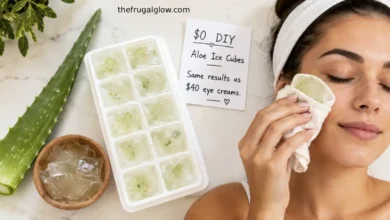 A green aloe vera leaf, a bowl of fresh gel, and an ice cube tray filled with frozen aloe cubes. A person is rubbing an aloe ice cube on their face. A small sign says "$0 vs $40 – Same depuffing results." | the frugal glow
