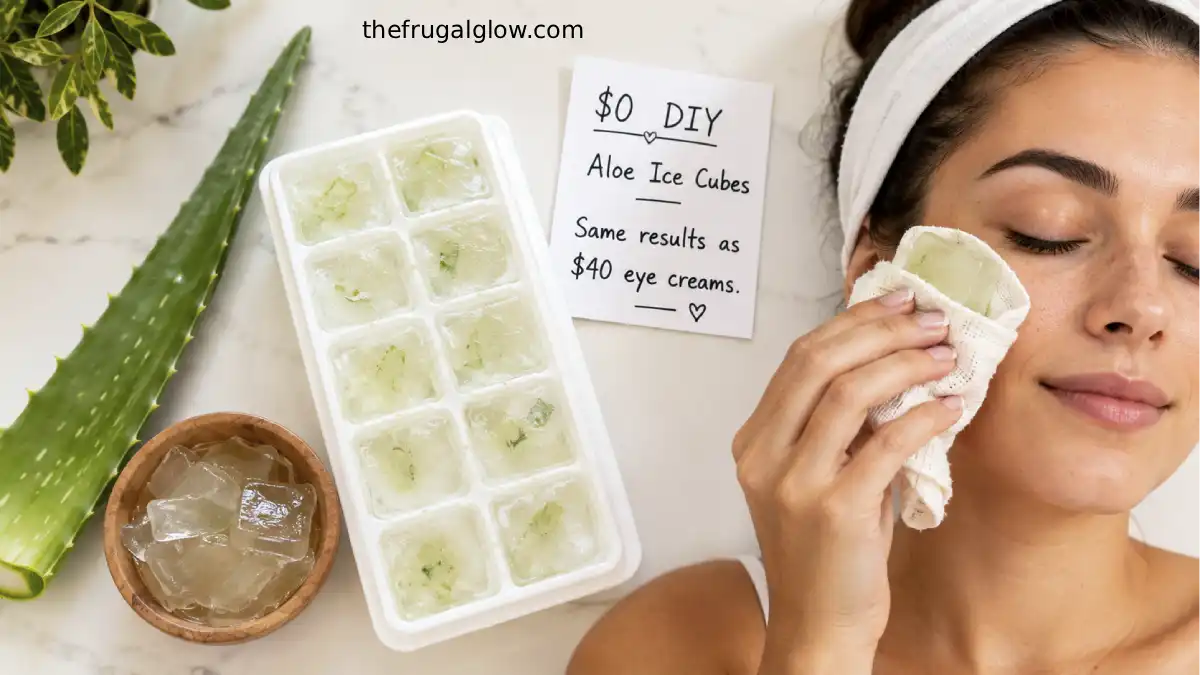 A green aloe vera leaf, a bowl of fresh gel, and an ice cube tray filled with frozen aloe cubes. A person is rubbing an aloe ice cube on their face. A small sign says "$0 vs $40 – Same depuffing results." | the frugal glow