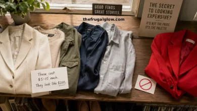 A thrift store rack with beige, cream, olive, navy, and gray clothing hanging neatly. A red blazer is pushed to the side. A sign says "Neutrals only – The secret to an expensive vibe."