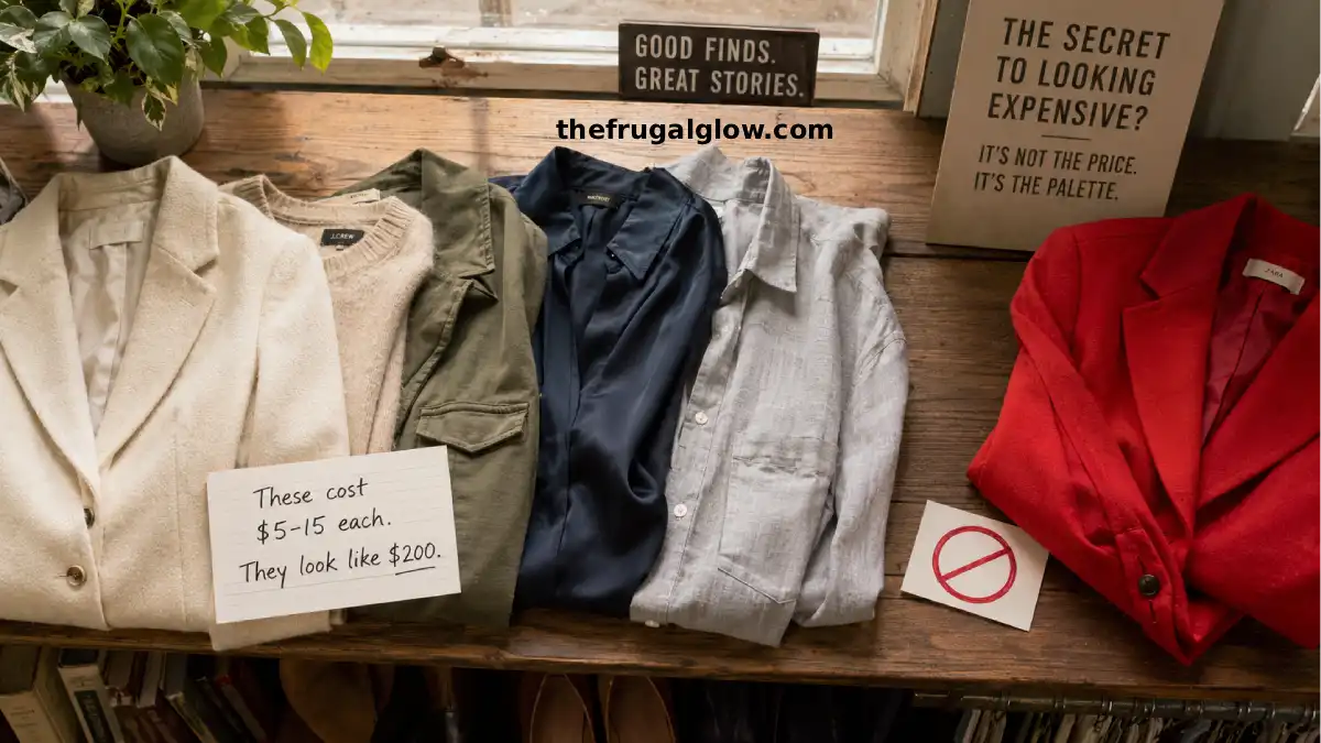 A thrift store rack with beige, cream, olive, navy, and gray clothing hanging neatly. A red blazer is pushed to the side. A sign says "Neutrals only – The secret to an expensive vibe."