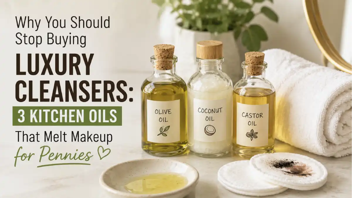 Glass bottles of olive oil, coconut oil, and castor oil next to a cotton pad removing makeup, on a marble bathroom counter | the frugal glow