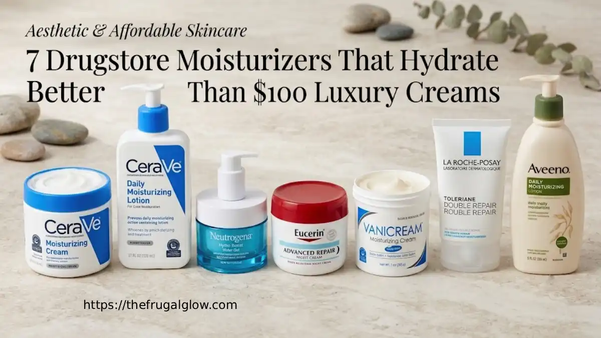 7 dermatologist-recommended drugstore moisturizers including CeraVe, Neutrogena, and Eucerin compared on a clean backdrop