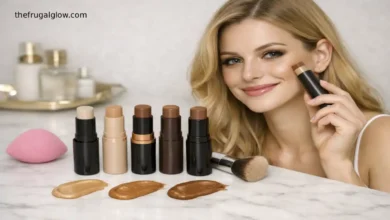 Five drugstore contour sticks arranged on a white surface: Makeup Revolution Fast Base, NYX Wonder Stick, e.l.f. Camo Liquid Bronzer, Milani Contour Stick, and wet n wild MegaGlo. A sign says "Under $15 – No muddy patches."