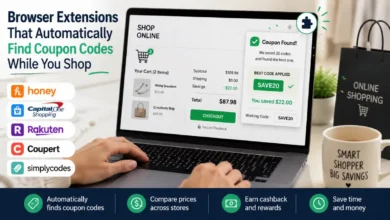 Laptop displaying online shopping checkout with a browser extension automatically applying coupon codes to save money.