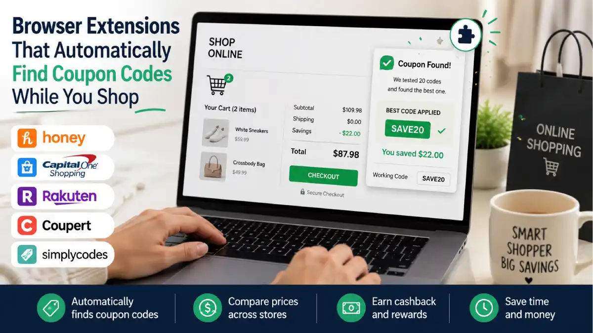 Laptop displaying online shopping checkout with a browser extension automatically applying coupon codes to save money.