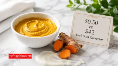 A white ceramic bowl containing a golden turmeric and yogurt face mask, placed next to a fresh turmeric root, a splash of plain yogurt, and a small elegant sign that reads "$0.50 vs $42 Dark Spot Corrector" on a clean marble background.