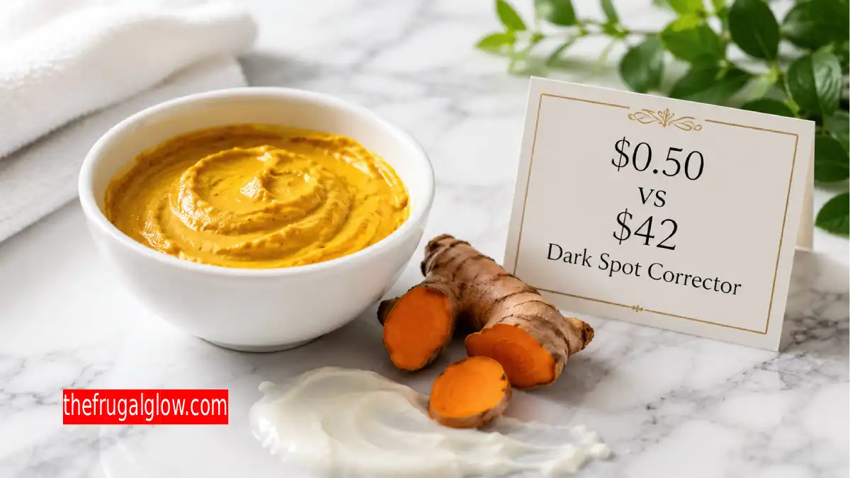 A white ceramic bowl containing a golden turmeric and yogurt face mask, placed next to a fresh turmeric root, a splash of plain yogurt, and a small elegant sign that reads "$0.50 vs $42 Dark Spot Corrector" on a clean marble background.