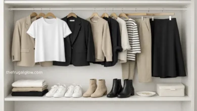 A minimalist open closet featuring a curated H&M capsule wardrobe of chic basics, with neatly hung clothes in neutral tones and organized shoes.