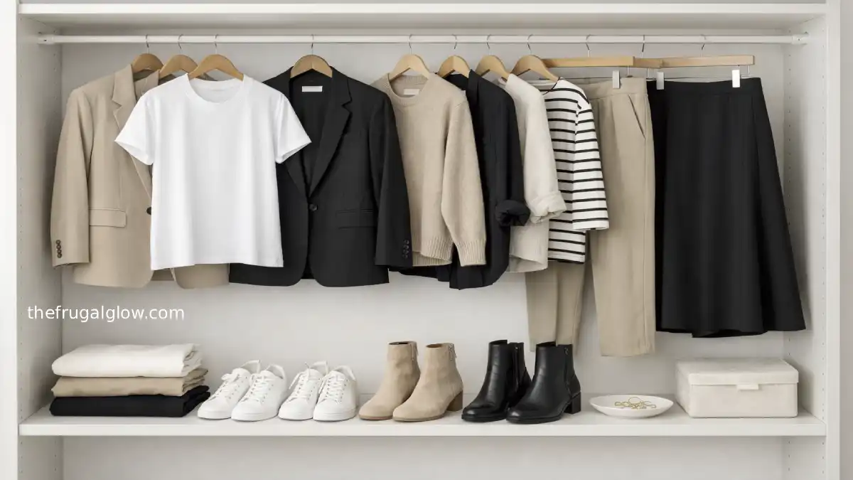 A minimalist open closet featuring a curated H&M capsule wardrobe of chic basics, with neatly hung clothes in neutral tones and organized shoes.