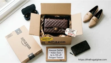 An Amazon box with "Outlet" sticker and a price tag showing 70% off. Designer handbags, shoes, and sunglasses are arranged around it. A small sign says "Amazon Outlet – Up to 70% off Designer Fashion."