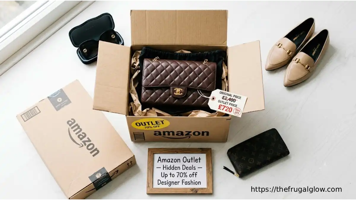 An Amazon box with "Outlet" sticker and a price tag showing 70% off. Designer handbags, shoes, and sunglasses are arranged around it. A small sign says "Amazon Outlet – Up to 70% off Designer Fashion."