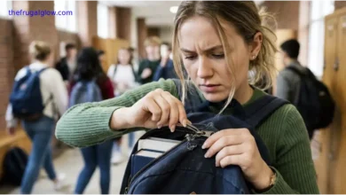 A close-up of a girl trying to fix a stuck zipper on her backpack before leaving, showing how to repair broken bag zippers.