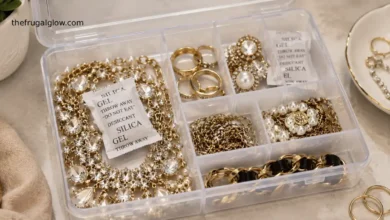 A clear plastic jewelry organizer filled with gold necklaces, rings, and pearl earrings, featuring reused silica gel packets placed inside to prevent tarnishing.