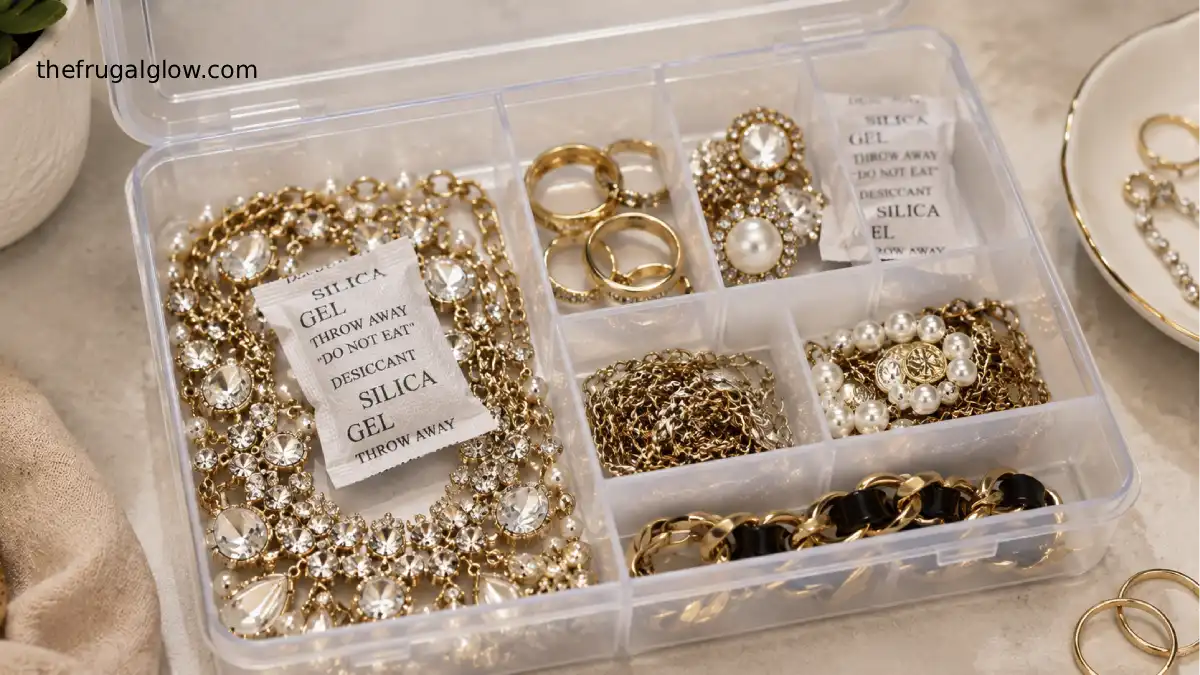 A clear plastic jewelry organizer filled with gold necklaces, rings, and pearl earrings, featuring reused silica gel packets placed inside to prevent tarnishing.