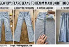 A trendy DIY denim maxi skirt made from upcycled flare jeans using fabric glue without sewing