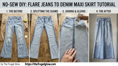 A trendy DIY denim maxi skirt made from upcycled flare jeans using fabric glue without sewing