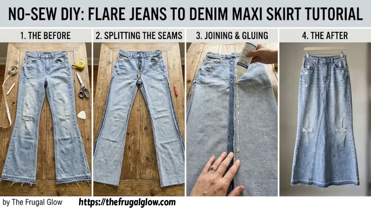A trendy DIY denim maxi skirt made from upcycled flare jeans using fabric glue without sewing