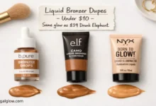 A collection of affordable liquid bronzers: b.pure Bronzer Drops from Dollar Tree, e.l.f. Camo Liquid Bronzer, and NYX Born to Glow. A sign says "$1.25 vs $39 – Same glow."